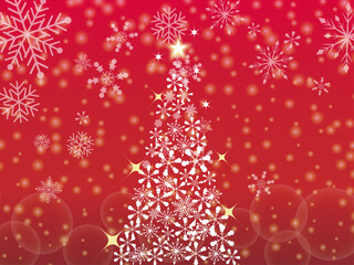 雪の結晶のクリスマスツリーと赤色の背景