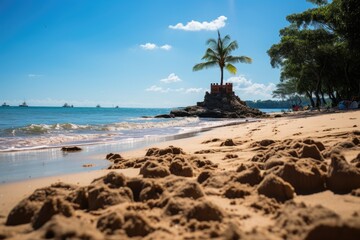 Dourada beach, lonely coconut tree, kids playing, calm sea., generative IA