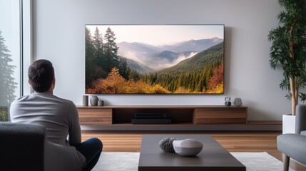 A young man sitting on sofa in living room and watching television, back view angle, generative ai
