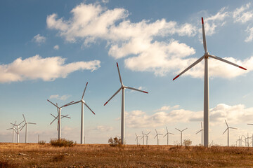 Wind turbine farm over the blue clouded sky