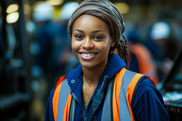 Radiant young woman, joyfully working on an assembly line in a factory. Exudes optimism amidst machinery, embodying the spirit of blue-collar labor. - obrazy, fototapety, plakaty
