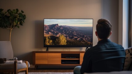 A young man sitting on sofa in living room and watching television, back view angle, generative ai