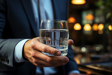 Businessman holding a glass of water in a restaurant, closeup
