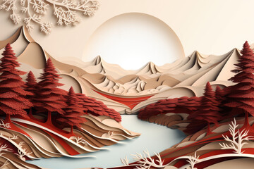 Abstract mountain and tree lanscape  paper cut background.