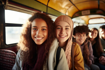 Students inside a school bus, young children from diverse backgrounds - Powered by Adobe