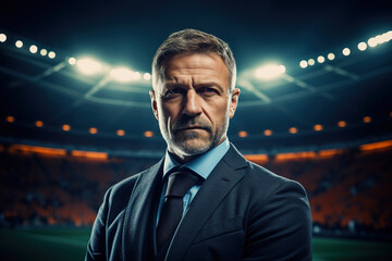 Portrait of a handsome serious middle-aged man football coach manager in a suit standing at stadium