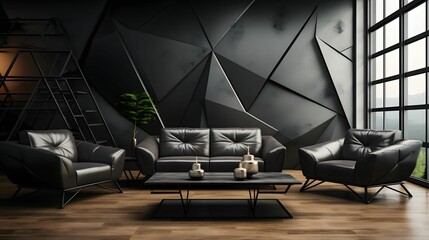 Design a modern living room with a sleek black leather sofa, glass coffee table and a striking geometric rug. Generative Ai.