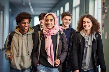 Students in the school corridor, a portrait of happy pupils from different backgrounds, sharing smiles and friendship in a primary school setting
