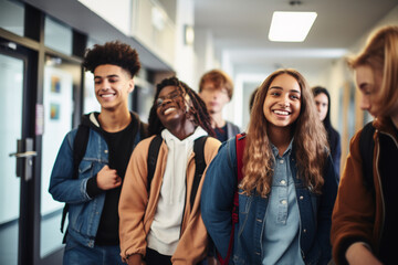 Students in the school corridor, a diverse group of schoolchildren, multi-ethnic and inclusive learning environment - obrazy, fototapety, plakaty