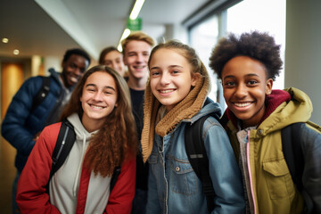 Students in the school corridor, schoolboys and schoolgirls, inclusive education