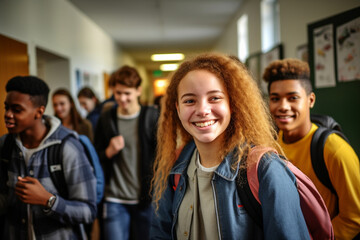 Obraz premium Students in the school corridor, multi-ethnic kids, joy and friendship, diversity in schooling
