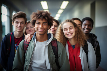 Diversity in schooling, students of different nationalities in the school corridor, varied student population in a modern educational institution