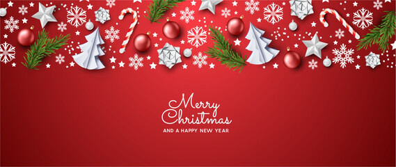Merry Christmas banner in red with festive decorations including christmas trees and snowflakes. Vector illustration