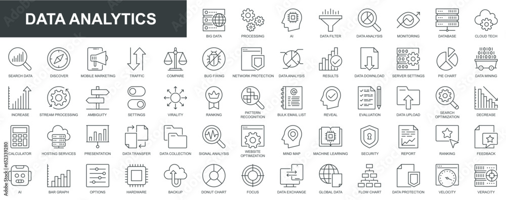 Poster Data analytics web icons set in thin line design. Pack of database, big data process, ai, monitoring, traffic, hosting service, optimization, backup, chart and other. Vector outline stroke pictograms