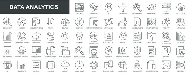 Fototapeta na wymiar Data analytics web icons set in thin line design. Pack of database, big data process, ai, monitoring, traffic, hosting service, optimization, backup, chart and other. Vector outline stroke pictograms