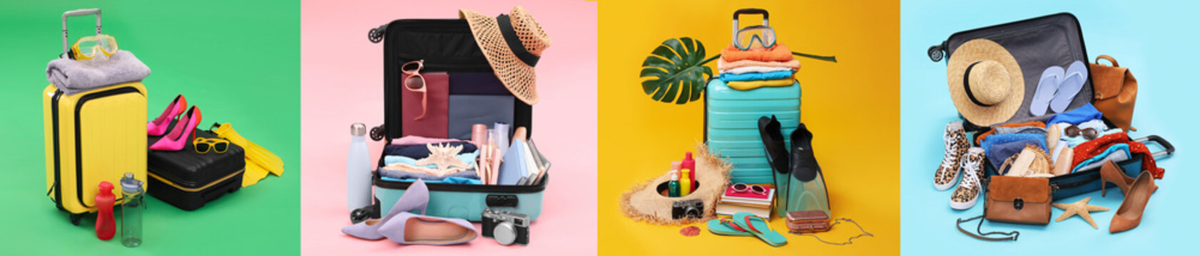 Set with suitcases and beach accessories on different color background