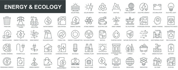 Fototapeta premium Energy and ecology web icons set in thin line design. Pack of solar panel, recyclable, gas fuel, save planet, accumulator, trash bin, factory pollution, eco and other. Vector outline stroke pictograms