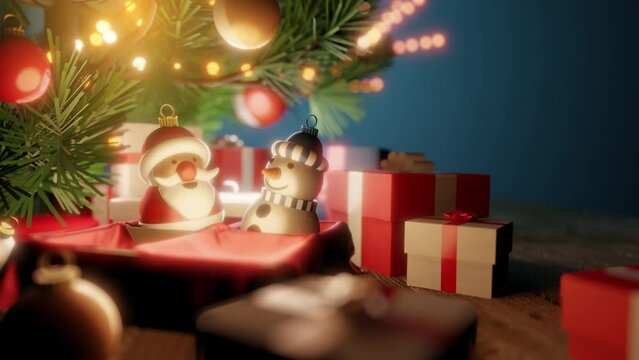 A Cosy Christmas Together. Christmas tree decorations smiling together under a tree with presents.