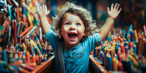 Vibrant preschooler, thrilled with multicolor crayons in hand, depicting pure joy and happiness during an arts and crafts class. - obrazy, fototapety, plakaty