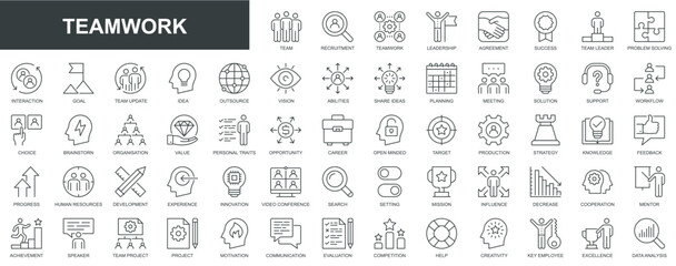 Teamwork web icons set in thin line design. Pack of team, recruitment, leadership, agreement, success, leader, problem solving, interaction, goal, idea, vision, other. Vector outline stroke pictograms