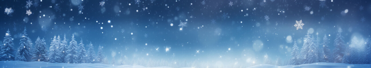Fototapeta na wymiar Christmas card snowflakes snowfall on winter forest background. Generative Ai