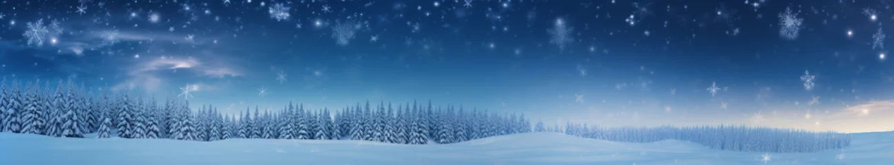 Schilderijen op glas Christmas card Wide panorama of snow-covered expanses of sky against the backdrop of a winter forest. Generative Ai © PETR BABKIN