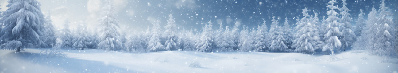 Fototapeta na wymiar Christmas card beautiful wide panorama of white snow and winter forest. Generative Ai