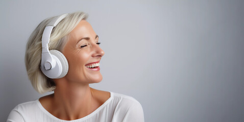 Naklejka premium Studio portrait of happy middle aged woman listening to music on headphones, neutral white and gray colors
