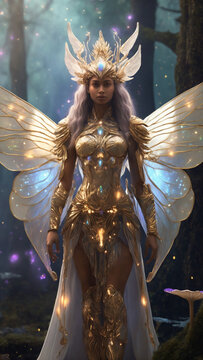 Illustration of a beautiful woman with transparent gold wings