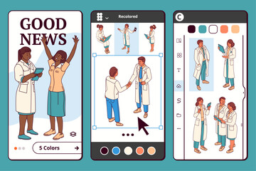Diversity and inclusion in healthcare concept a Figma bundle. Set of doctors and patients of different races, ethnicities, and genders shaking hands and examining patients. Flat cartoon vector design - 652340429