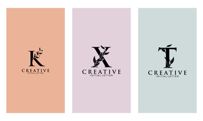 Set of Botanical Minimalistic Initial Letter K, X, T Logo Vector Template