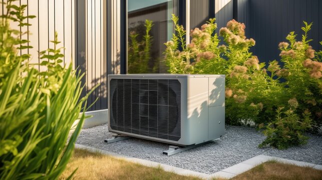 A Photographic Close - Up Of A Heat Pump In Front Of A Modern House Surrounded By Lush Grass Vibrant Plants And Bathed In Perfect Light - A Vision Of Sustainable Living In Harmony With Nature