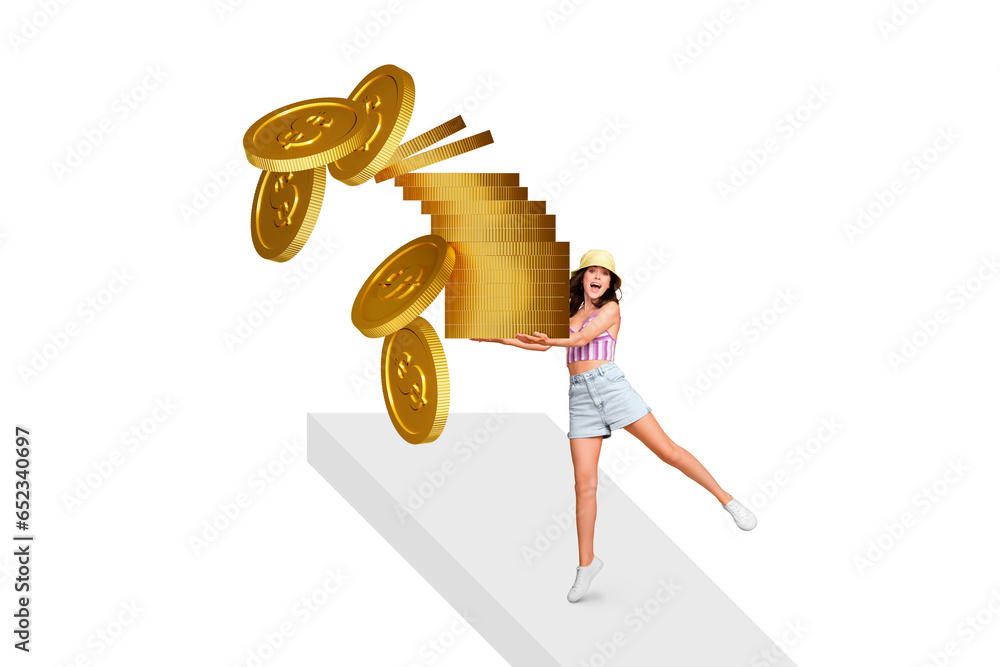 Canvas Prints Image poster collage of funky crazy girl hands hold golden coins rejoice professional success isolated on white color background