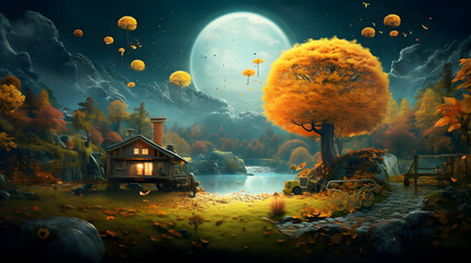 landscape with moon and stars and trees on autumn period.