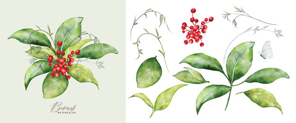 Christmas watercolor set of bouquet arrangings with berries and leaves