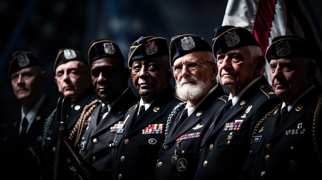 A heartening depiction of veterans from various branches of the military, standing proudly with medals