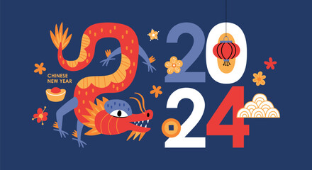 Chinese New Year holiday banner design. Happy New Year of the dragon 2024. Template background for social media, greeting card, party invitation or website marketing. Vector illustration
