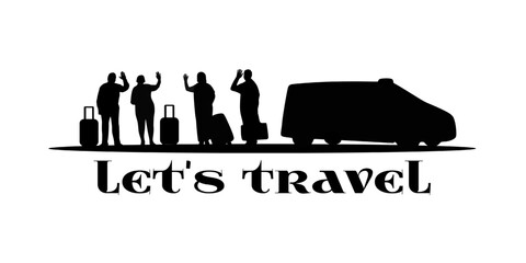 Traveler full body silhouettes. Elderly friends, couple, couple of friends, seniors with suitcase, tourists, travel, taxi car transport. Black vector illustrations isolated on white.