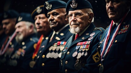 A heartening depiction of veterans from various branches of the military, standing proudly with medals - obrazy, fototapety, plakaty