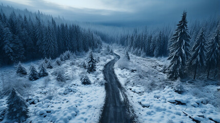 Mountain road landscape covered in snow in winter.