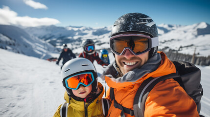Family enjoying winter time at a ski resort - obrazy, fototapety, plakaty