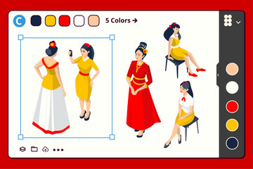Fashionable Woman a Figma bundle. Set of character situations and scenes of a woman walking, posing, and styling. Isometric people, vector illustrations in flat web design. - 652342605