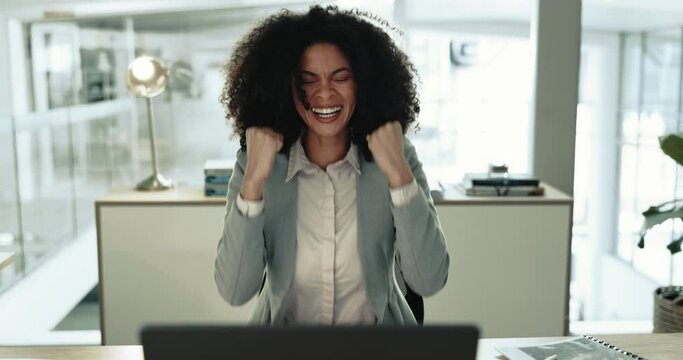 Excited business woman, laptop and success in office for winning news, celebrate profit and bonus promotion. Happy worker, computer and cheers for email, deal or reading online announcement of reward