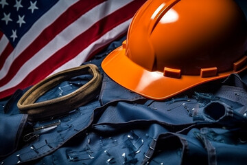 American flag and tools near the helmet labor day concept.