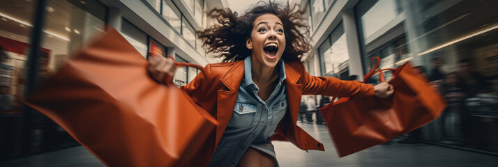 Joyful woman racing through a mall with her shopping bags in tow - obrazy, fototapety, plakaty