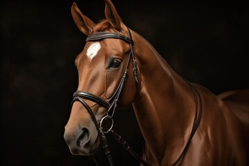 English Horse Ready for Show. Equine with Bridle and Saddle in Hunter Style Tack, Holding the Rein Firmly. Quarter Horse for English Riding - obrazy, fototapety, plakaty