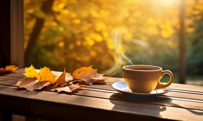 Naklejka na ściany i meble Autumn Coffee Break: Dreamlike Naturaleza, Cup of Coffee on wooden table