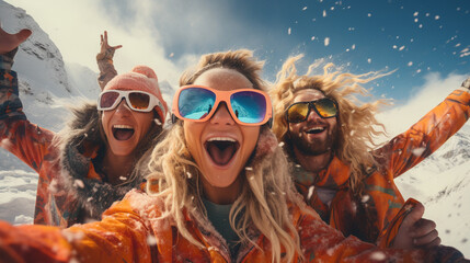 Group of tourists having fun at ski and snowboard resort. - obrazy, fototapety, plakaty