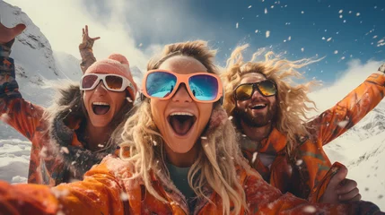 Poster Group of tourists having fun at ski and snowboard resort. © Nataliia