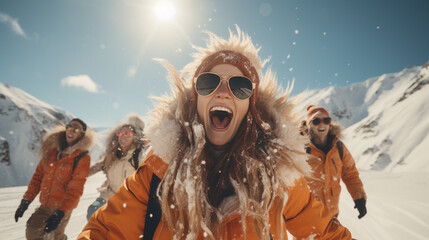 winter, extreme sport and people concept - happy friends having fun on the snow and making selfie. - obrazy, fototapety, plakaty